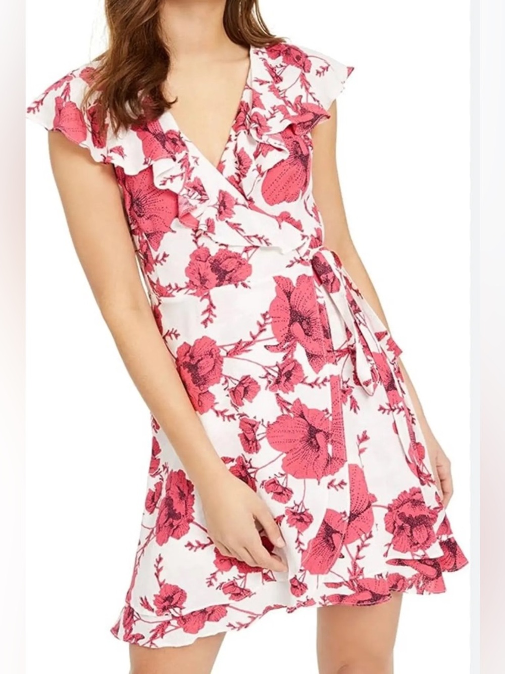 Free People Pink & White Floral Double Layer Tulip Hem Wrap Dress Size Medium